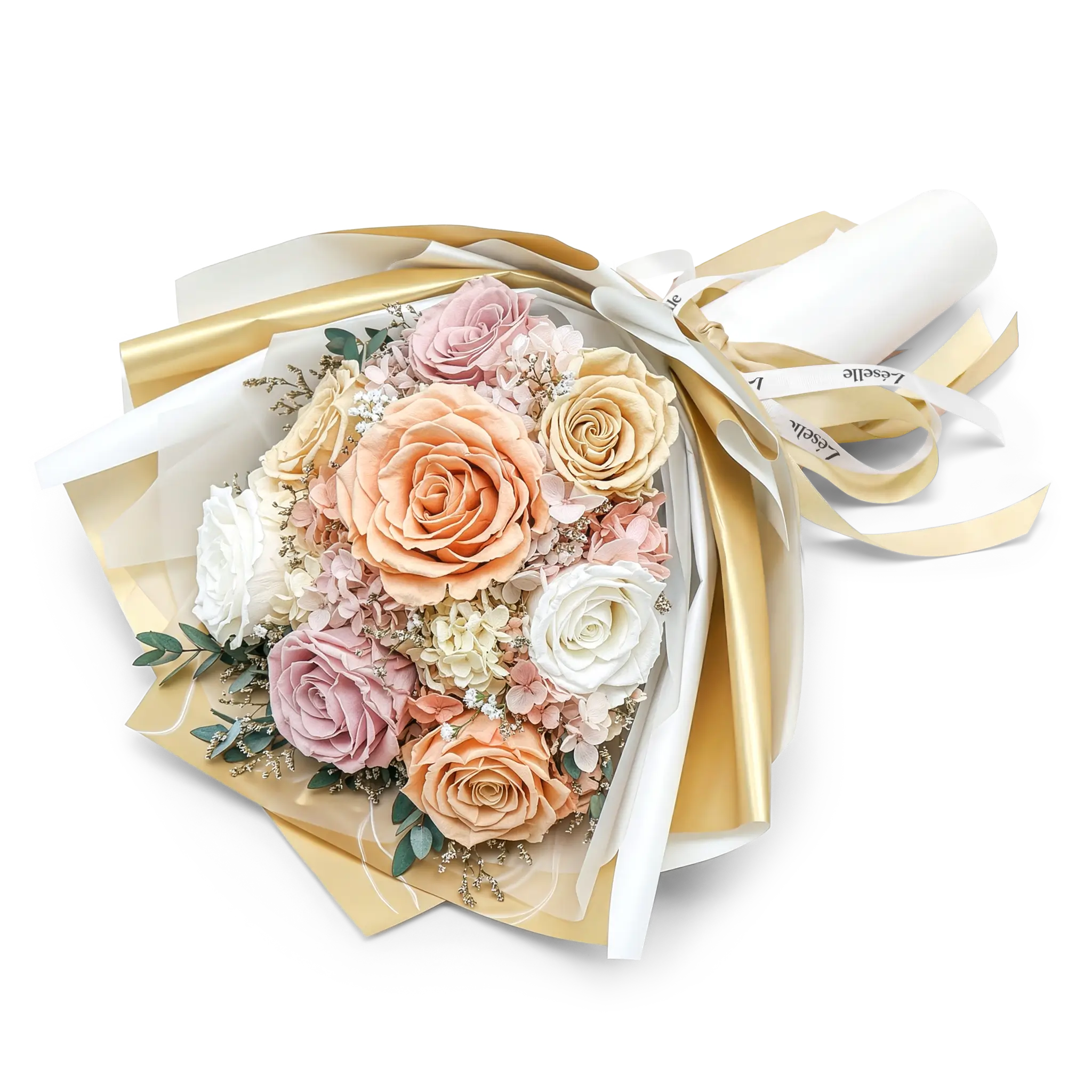 Elegant Champagne & Peach Preserved Rose Bouquet