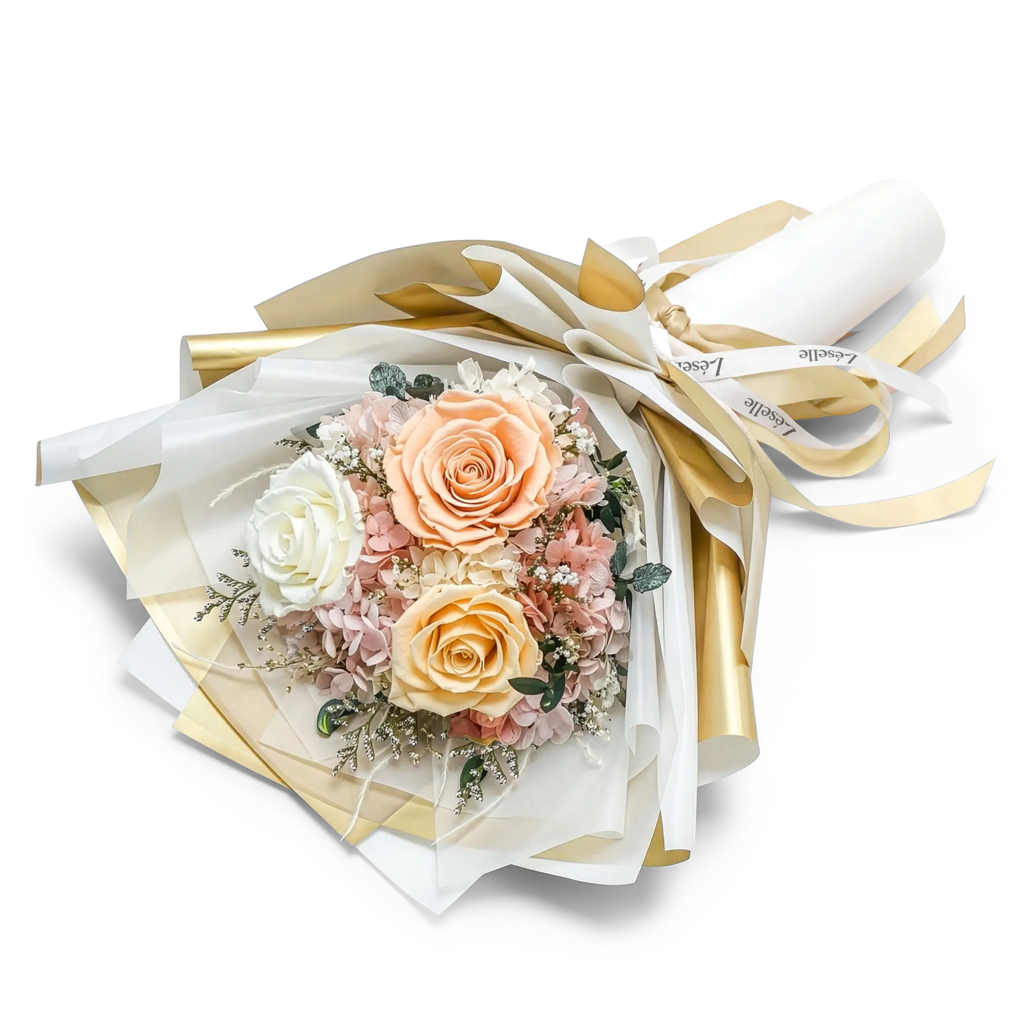 Elegant Champagne & Peach Preserved Rose Bouquet