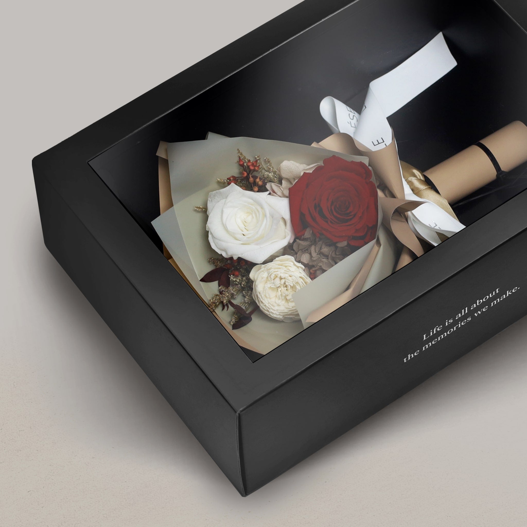 Crimson & Pure White Duo Preserved Rose Bouquet