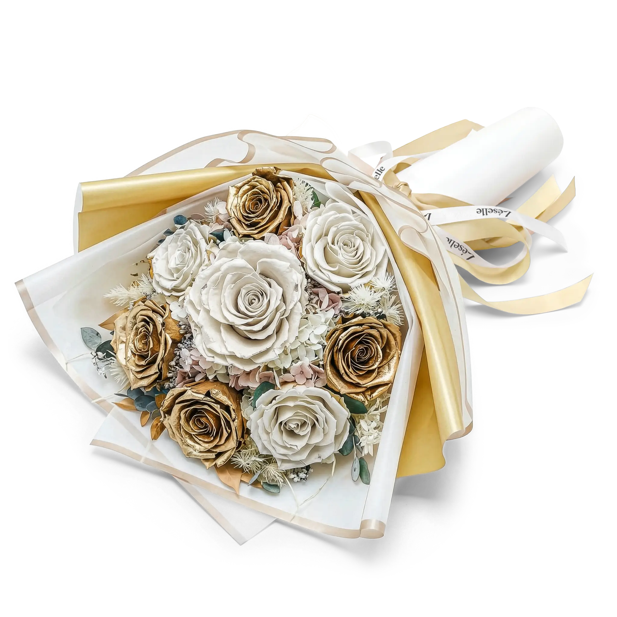 Elegant White & Gold Preserved Rose Bouquet
