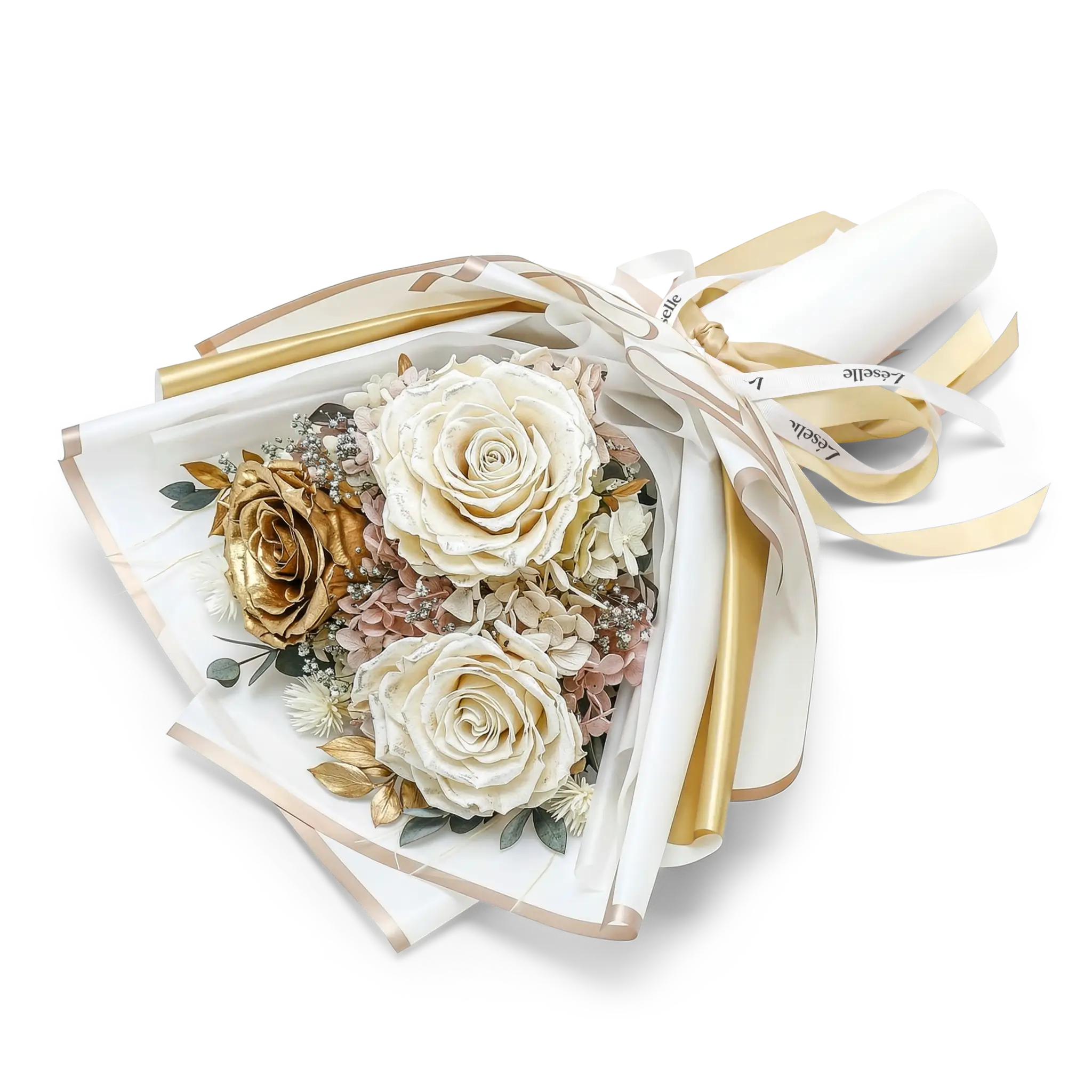 Elegant White & Gold Preserved Rose Bouquet